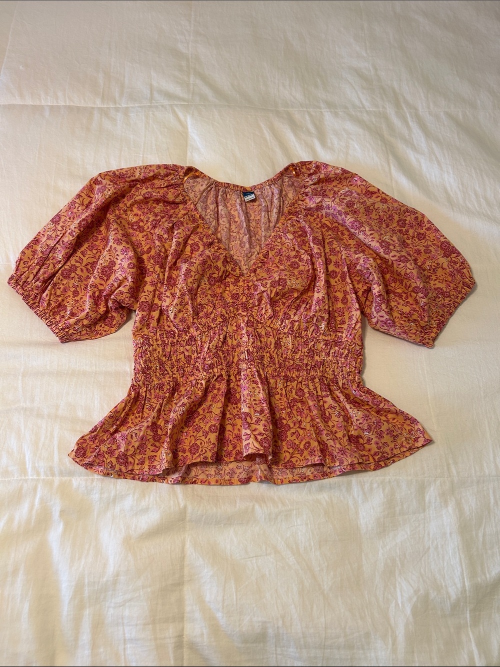 Old Navy Pink Orange Floral Smocked Peplum Top